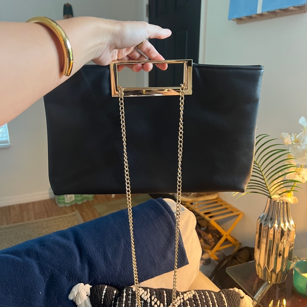 BLACK clutch purse with long gold chain